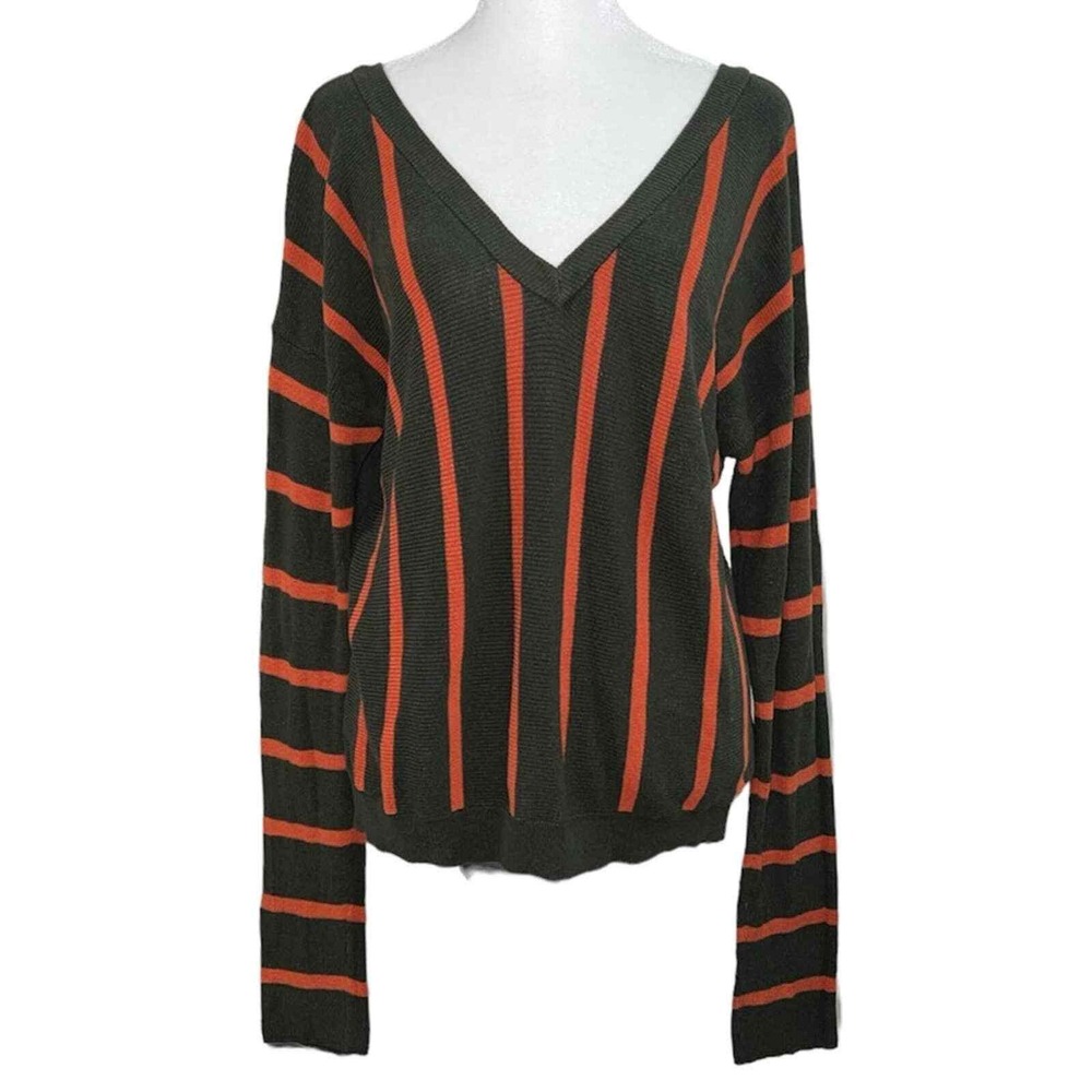 Forever 21 V-Neck Sweater Womens Large Olive Green Orange Striped Long Sleeve